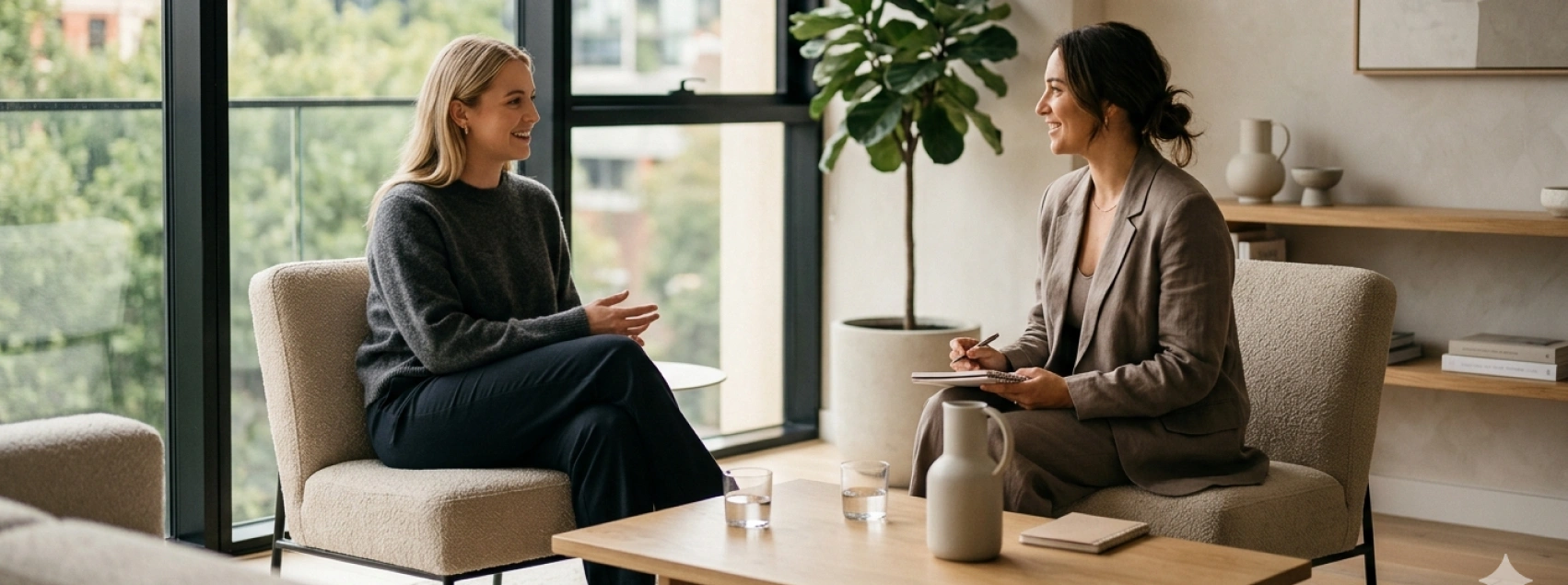Two women talking in a bright living room