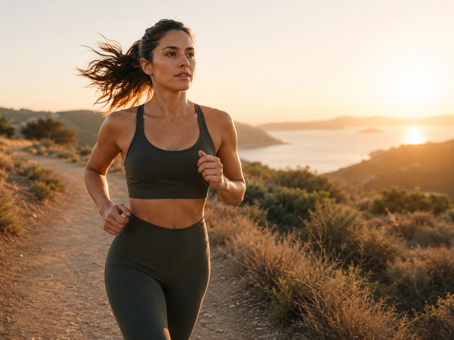 Woman running outdoors at sunrise