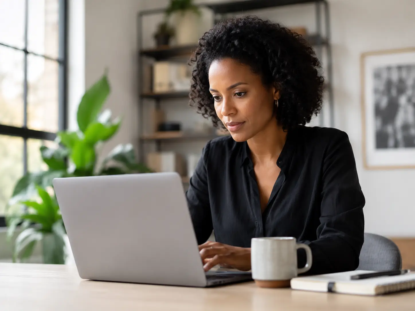 Woman working on a laptop at a bright home desk