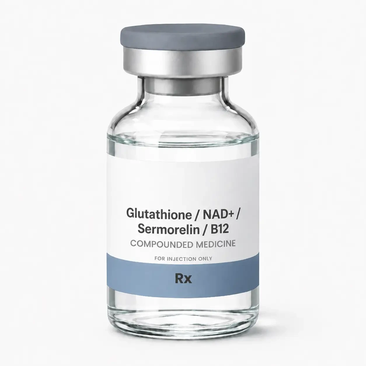 Glutathione / NAD+ / Sermorelin / B12 compounded medication vial by Level IX Labs
