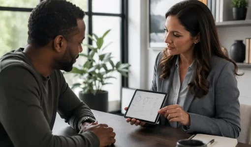 Client and provider reviewing results together on a tablet