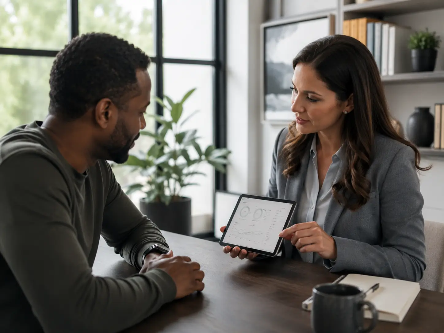 Client and provider reviewing results together on a tablet