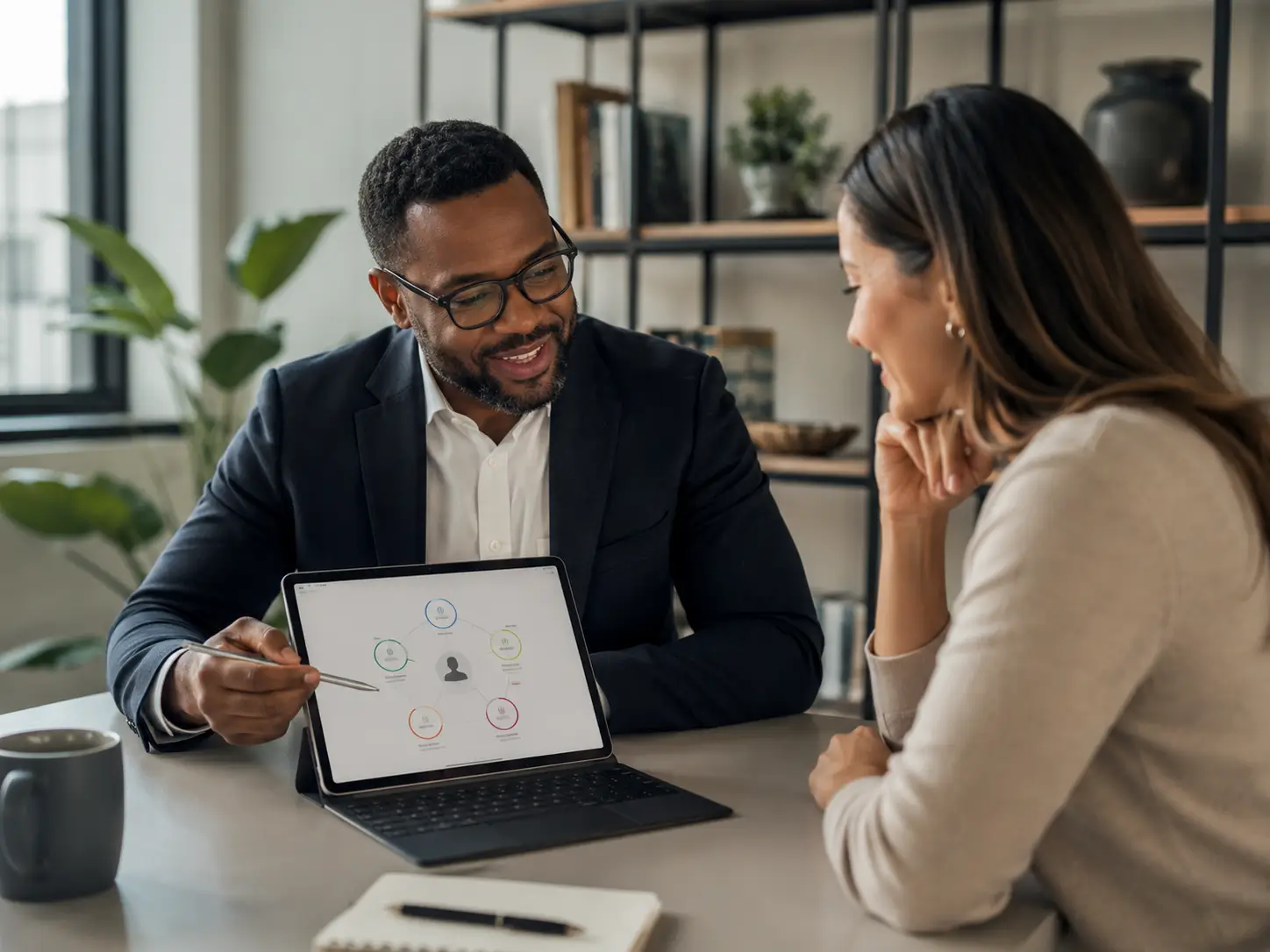 Provider reviewing assessment results with a client on a tablet