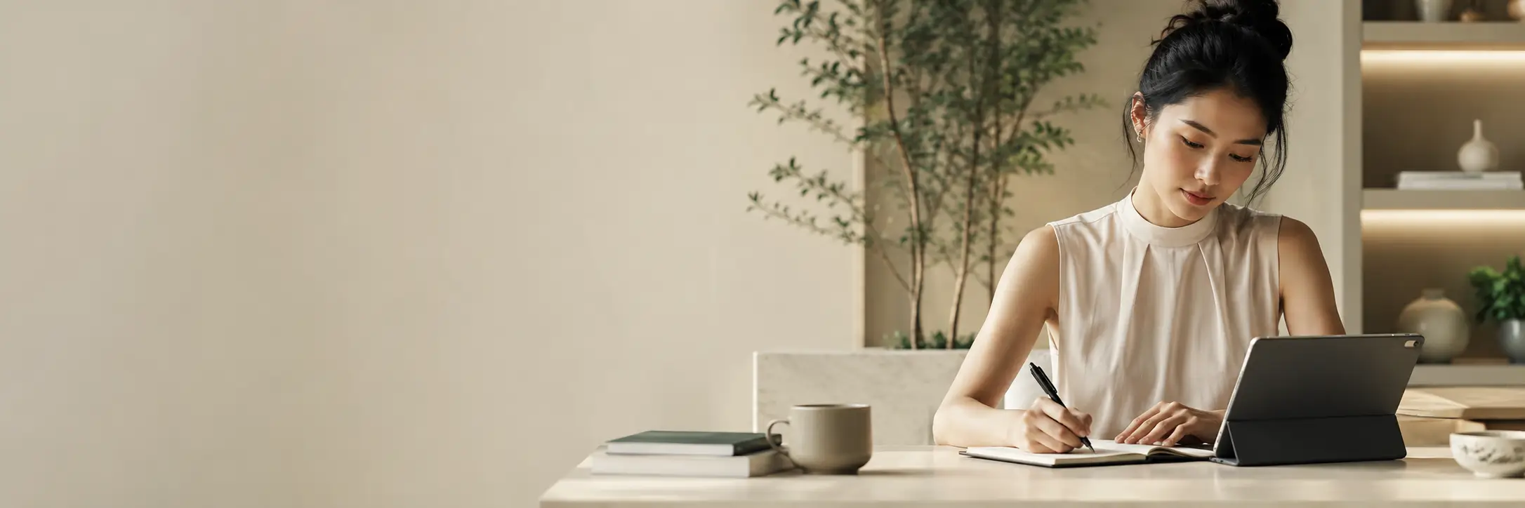 Woman working at a desk in a bright room
