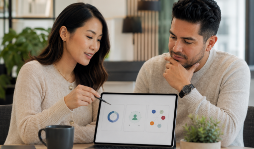 Couple reviewing a wellness plan on a tablet at home