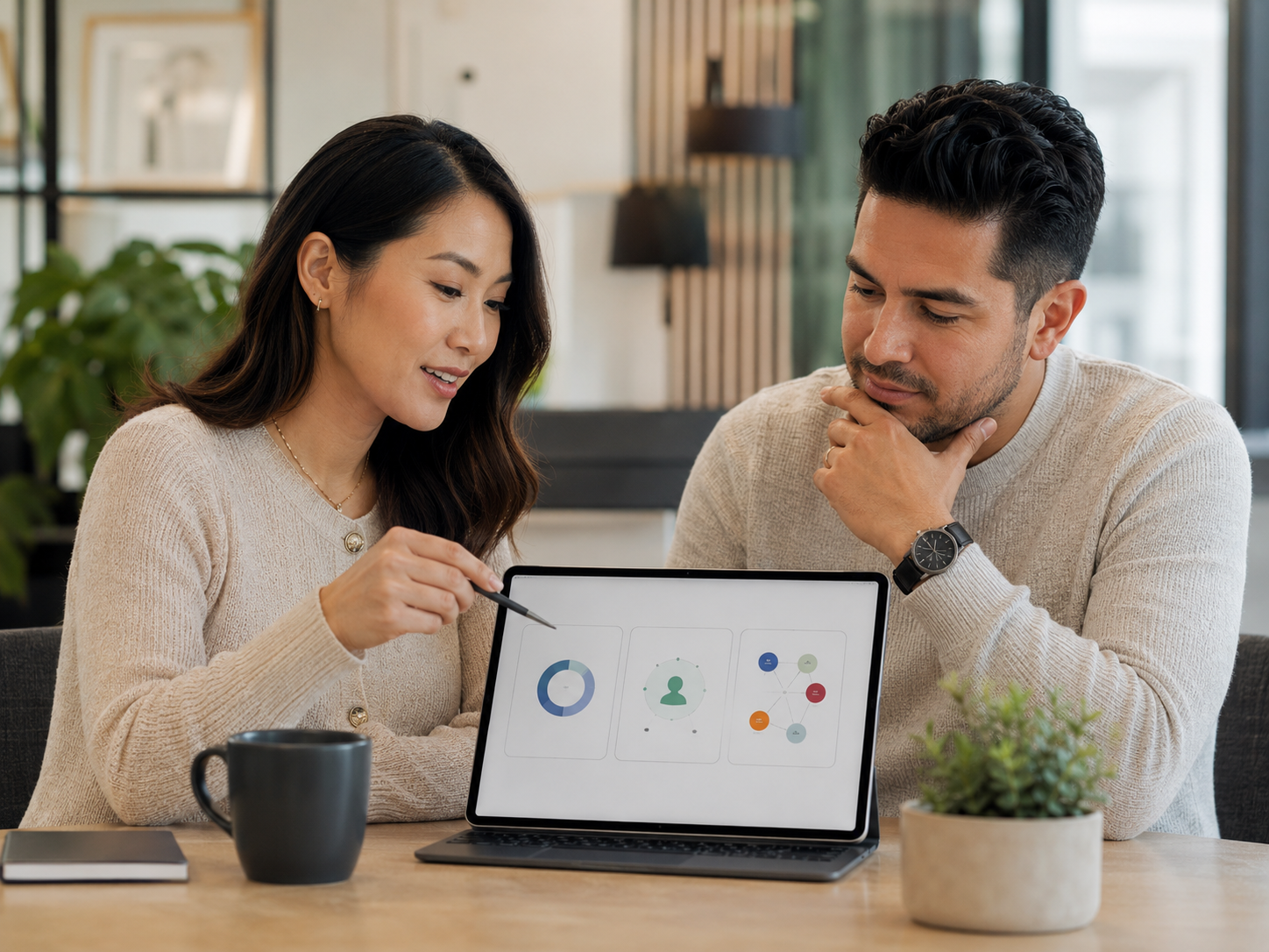 Couple reviewing a wellness plan on a tablet at home